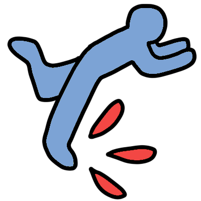 a light blue figure tripping over and falling forward. there are three red emphasis shapes around their foot.